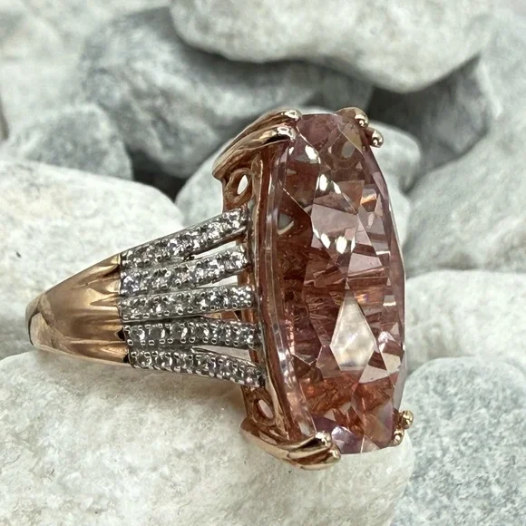 Morganite Cushion Cut Ring Rose Gold Over Sterling CZ Pave Size 7 - Picture 5 of 17